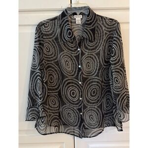 NICOLA Black White Chain Link Sheer Blouse‎ Top XL Long Sleeve Button Up